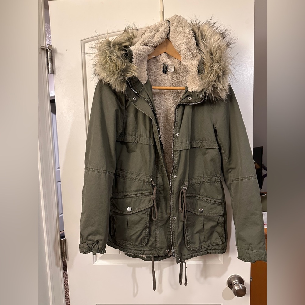 Divided Olive Green Parka with Faux Fur Hood